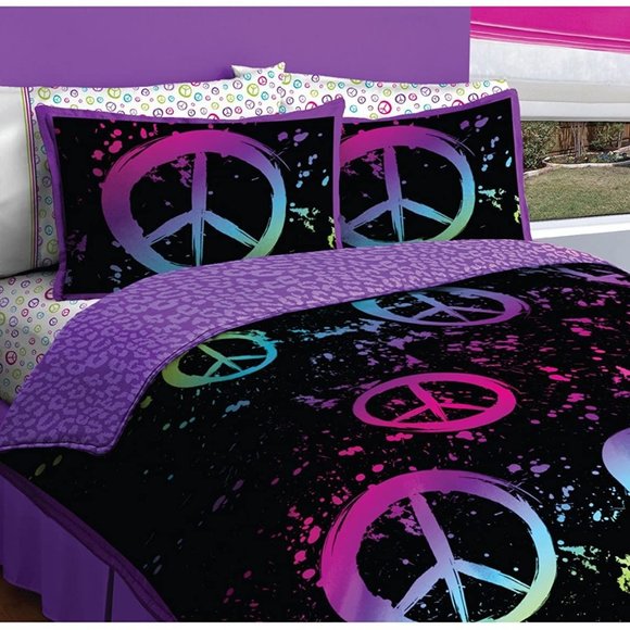 Peace Sign Comforter Sets Black with Neon Peace Sign 3 Pc Sets 🆕FAST📦🏃🏻💨⚡ - Picture 2 of 13